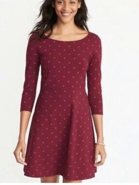 Old Navy Burgundy Dress with Red Polka Dots, Long Sleeve